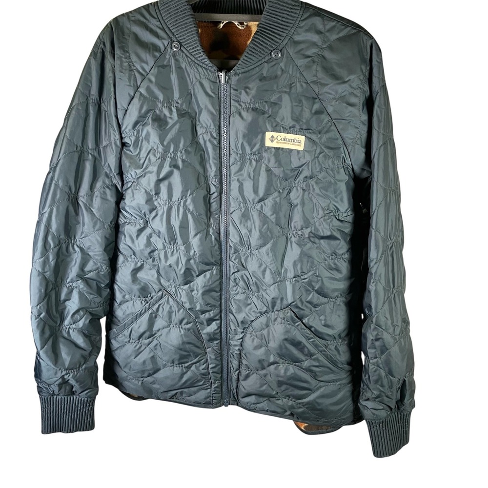 Columbia Reversible Quilted Bomber Jacket Mens Large Full Zip Camo‎ Fleece Blue